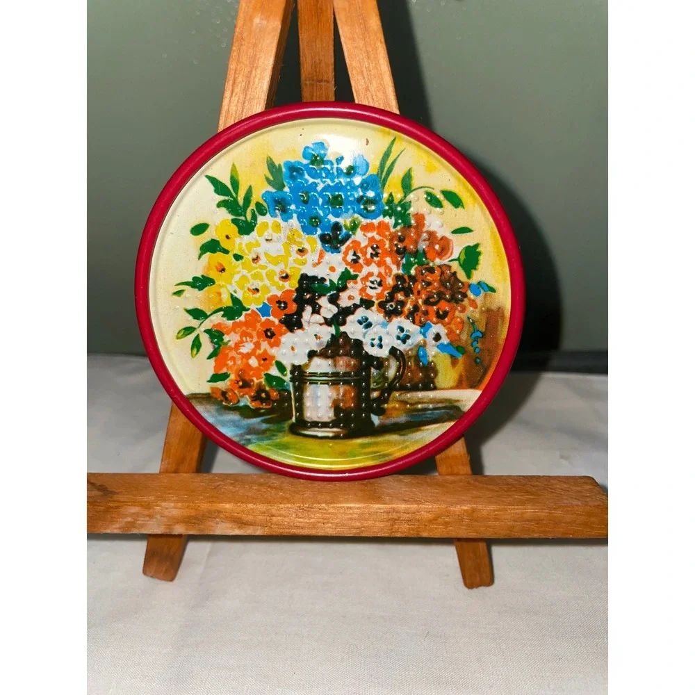 Vintage Metal Floral Coaster Set of 6 Red Rim Retro Mid Century Cottagecore